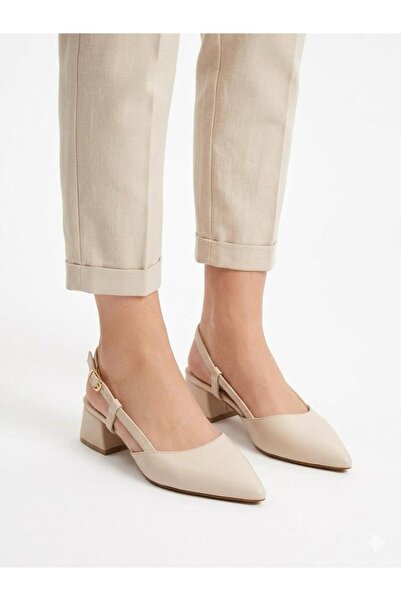 Lütfi Women's Cream Thick Heel Comfortable Fit Heeled Ballerina Shoes