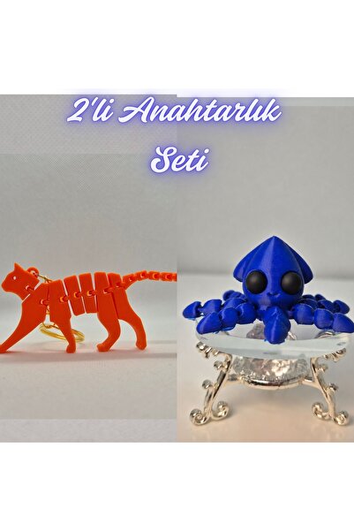 3DAtölyeMaker Orange Flexible Cat and Blue Squid Keychain