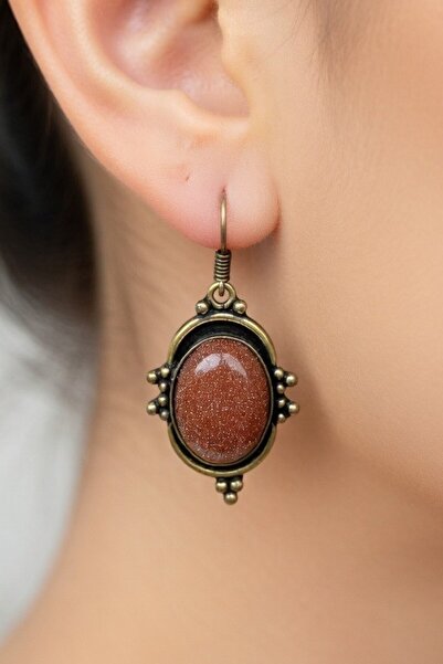 Fildişi Aksesuar Vintage Design Bronze Framed Star Stone Goldstone Women's Ea...