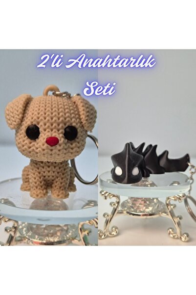 3DAtölyeMaker Cream Knitted Patterned Dog and Black Flexible Dragon Keychain