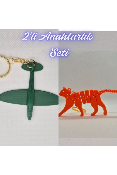 3DAtölyeMaker Dark Green Airplane and Orange Flexible Cat Keychain