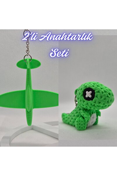 3DAtölyeMaker Green Airplane and Green Knitted Pattern Moving Dino Keychain