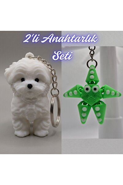 3DAtölyeMaker White Maltese Terrier and Green Moving Starfish Keychain
