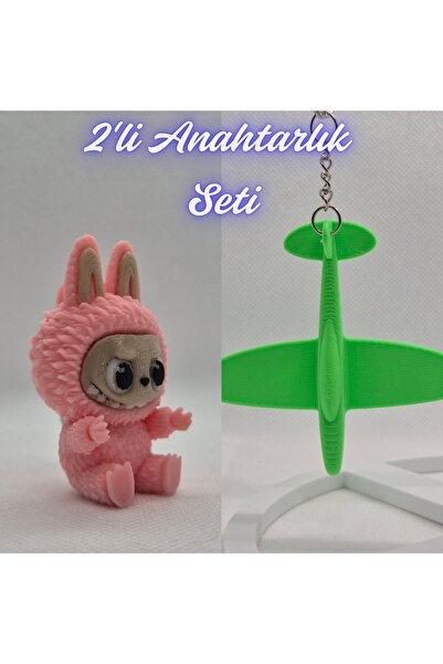 3DAtölyeMaker Light Pink Labubu and Green Airplane Keychain