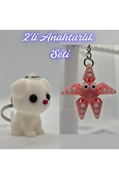 3DAtölyeMaker White Knitted Patterned Dog and Pink Moving Starfish Keychain