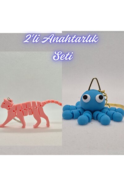 3DAtölyeMaker Light Pink Flexible Cat and Light Blue Confused Octopus Keychain