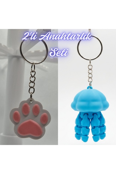 3DAtölyeMaker Light Pink Cat Paw and Light Blue Moving Jellyfish Keychain