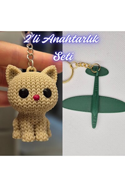 3DAtölyeMaker Cream Knitted Patterned Cat and Dark Green Airplane Keychain