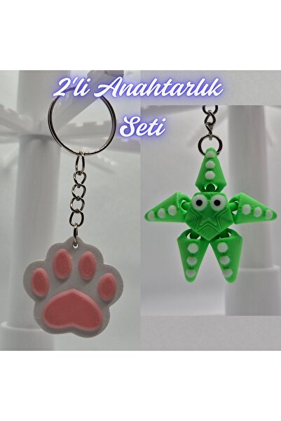 3DAtölyeMaker Light Pink Cat Paw and Green Moving Starfish Keychain