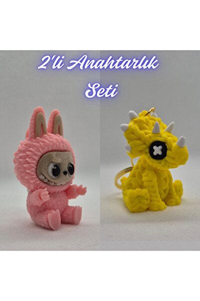 3DAtölyeMaker Light Pink Labubu and Yellow Knitted Pattern Triceratops Keychain