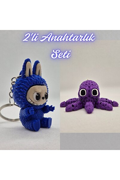 3DAtölyeMaker Blue Labubu and Purple Knitted Pattern Octopus Keychain