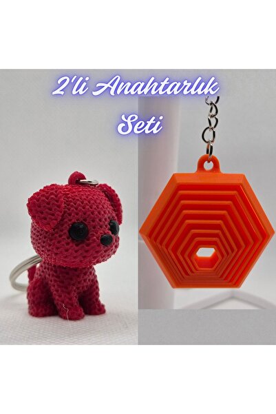 3DAtölyeMaker Fire Engine Red Knitted Patterned Dog and Orange Moving Hexagon...