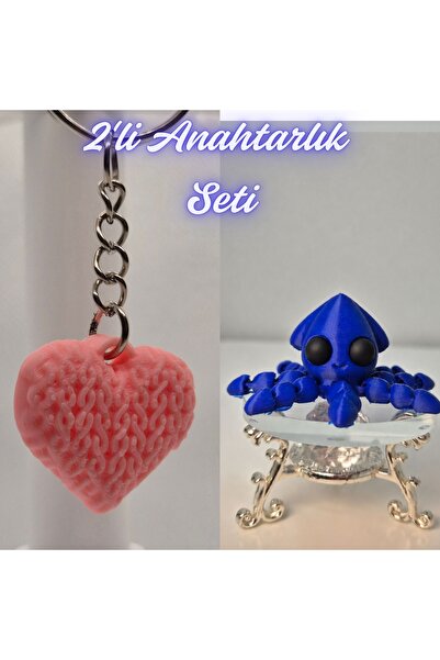 3DAtölyeMaker Light Pink Knitted Patterned Heart and Blue Squid Keychain