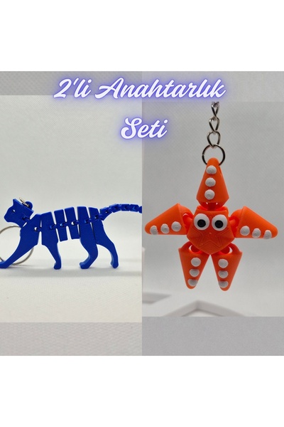 3DAtölyeMaker Blue Flexible Cat and Orange Moving Starfish Keychain
