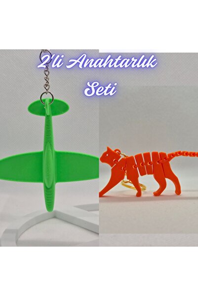 3DAtölyeMaker Green Airplane and Orange Flexible Cat Keychain