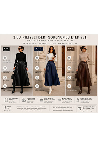 Gül Maison High Waist Pleated Leather Look Midi Skirt 3 Pieces