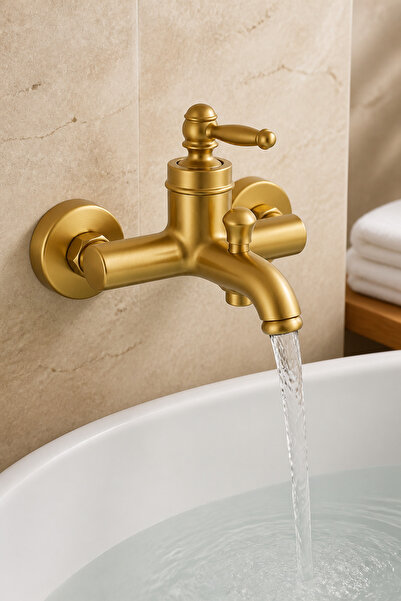İSAOĞLU YAPI Matte Gold Rustic Bathroom Faucet Retro Shower Fixture Brass Sta...