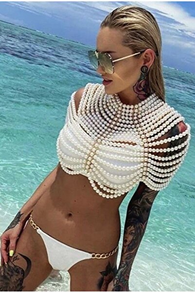 Ravinity Büyük Beyaz İncili Bikini Kolyesi, İnci Detaylı Kıyafet Aksesuarı