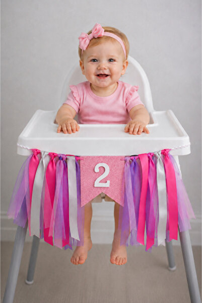 Minia 2 Yaş Doğum Günü Mama Sandalyesi Süsü – Pembe Simli “2” Banner – Kurdel...