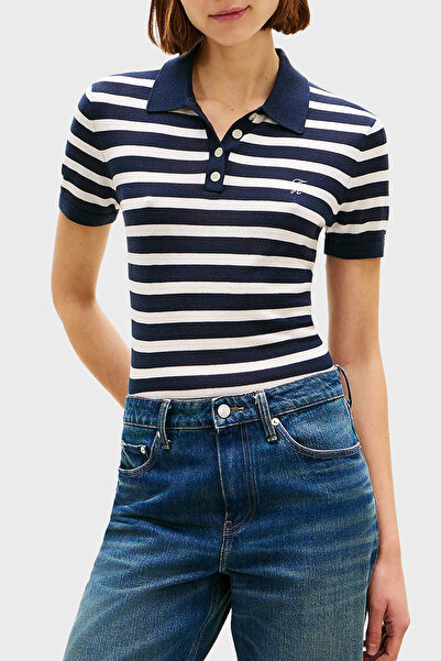 Tommy Hilfiger Çizgili İpek Karışımlı Kısa Kollu Düğmeli Polo Yaka Kazak POLO...