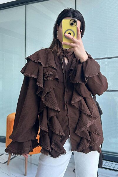 Büşra Ayhan Ruffle Detailed Flounce Shirt - Brown - S