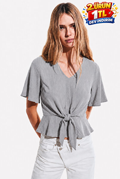 DAMGA JEANS Γυναικεία άνετη μπλούζα με κοντό μανίκι σε γκρι χρώμα με δέσιμο