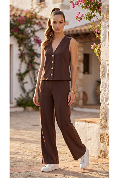 Ded COLLECTION Women's v-neck gold button detail vest pant modal set