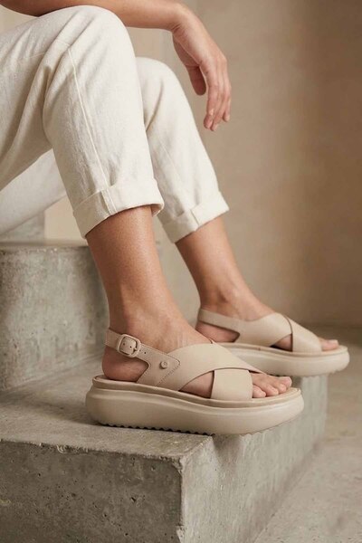 İnci Women's Sandals -Beige Genuine Leather- Cross-Strapped Thick-Soled Sandals