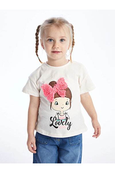 LC Waikiki LCW Kids Ekru Bisiklet Yaka Baskılı Kısa Kollu Kız Bebek Tişört