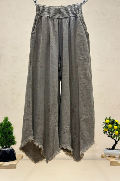 sahnemoda Paça Tüy Nakışlı Bol Paça Keten Pantolon