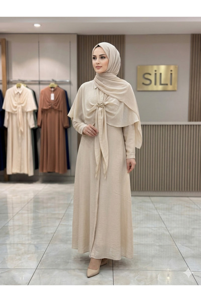 Sevitli Brooch Detailed Cape Hijab Dress-Beige