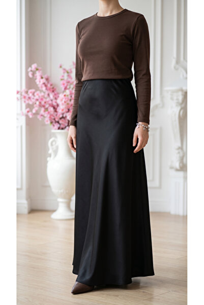 3B Stil Fusta de damă elegantă din satin, cu talie elastică, lungime maxi de ...