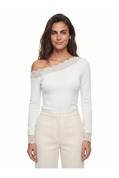 ONLOOX White Stretchy Fabric Madonna Collar Long Sleeve Body-Fitting Blouse w...