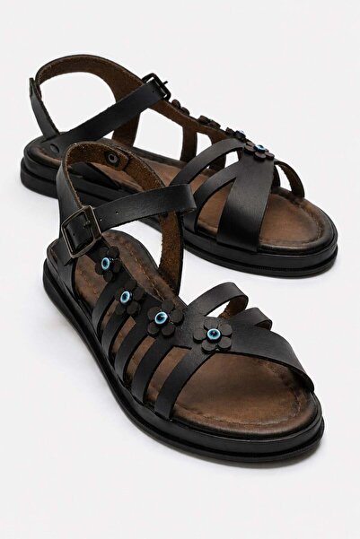 CCWAY AYAKKABI Women's Beaded Floral Sandals Black