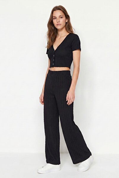 Rays Black V-Neck Buttoned Crop Cardigan Trousers Set 1025