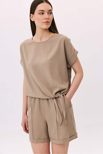 DAIDO Women's Stone Decorated Short Sleeve Blouse with Tie Detail 6213 Mink