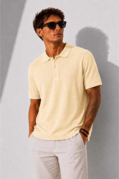 ribana Men's Short Sleeve Ribbed Half Button Closure Polo Collar T-Shirt 26001