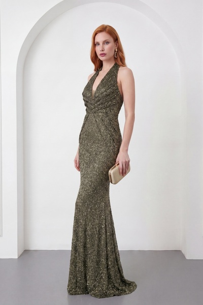 Lafaba Women's Khaki Halter Neck Backless Long Beaded Evening Dress