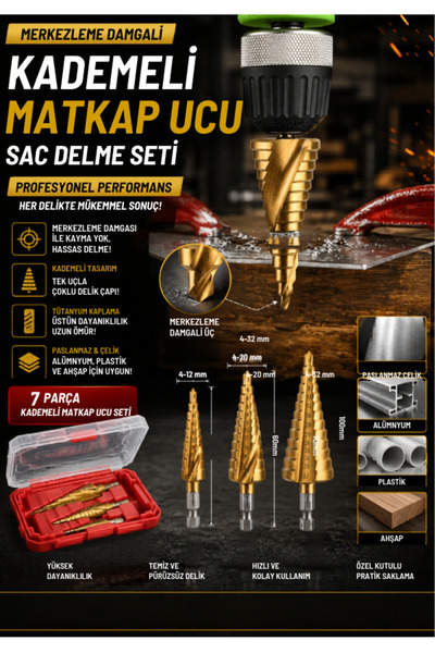 mucit home 7 Parça Merkezleme Damgalı Kademeli Matkap Ucu Sac Delme Seti Özel...