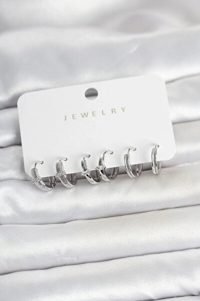 USLUCAN ALIŞVERİŞ Brass Silver Color Ring Women's Earring Set