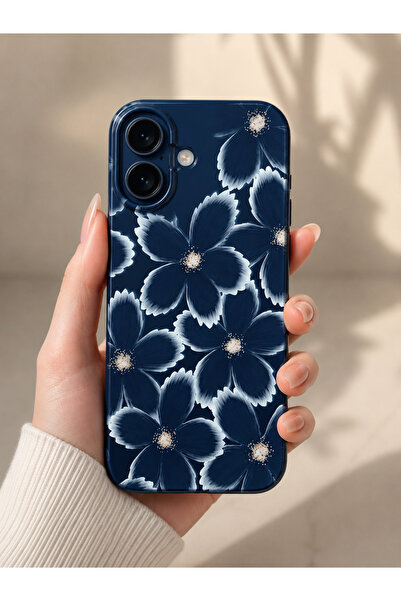 OVADA İphone 17 Uyumlu Lacivert Çiçek Desenli Telefon Kılıfı
