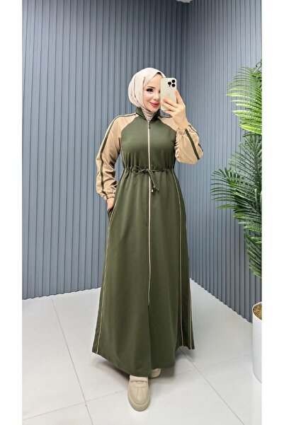 moda4b Women's Sports Dress Two Yarns Zippered Lace-Up Long Casual Design N-05414 _ Khaki