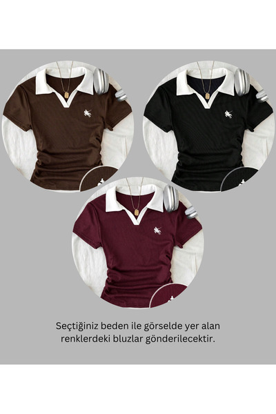 Gofeel 3 Lü Soul Renkli Polo Yaka Nakışlı Büzgülü Bluz