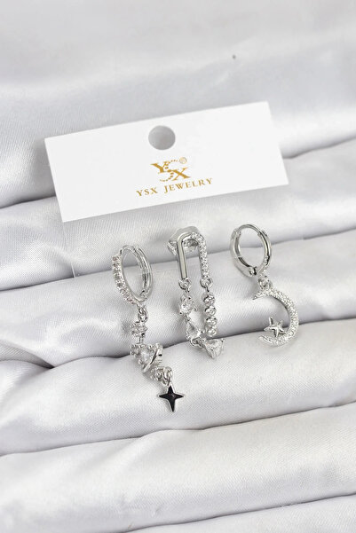 USLUCAN ALIŞVERİŞ Brass Silver Color Zircon Stone Space Model Ysx Trio Earrin...