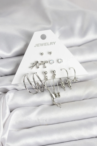 USLUCAN ALIŞVERİŞ Brass Silver Color 6 Piece Women's Earring Set