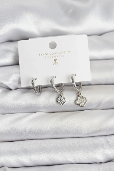 USLUCAN ALIŞVERİŞ Brass Silver Color Clover Model 3-Piece Women's Earring Set