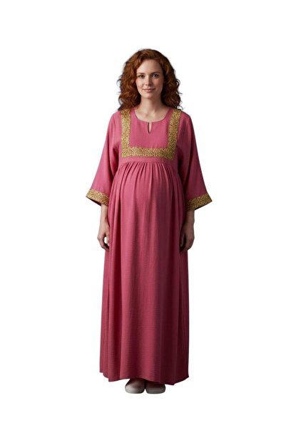 Peach فستان حمل طويل للنساء من DEE'S FASHION مع حواف ذهبية، خصر إمبراطوري، فس...