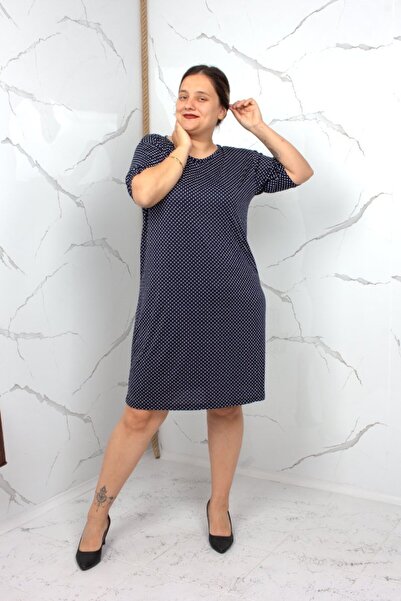 Truva XXL Women's Navy Blue White Polka Dot Short Sleeve Combed Cotton Dress