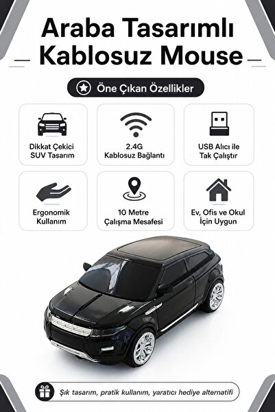 Zilvana Spor Araba Tasarımlı 2.4G Kablosuz Optik Mouse - Siyah SUV Model