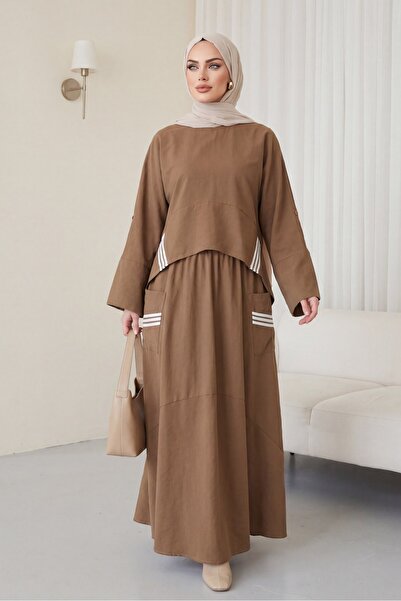 Modamorfo Striped Long Back Skirt with Pockets and Elastic Modal Cotton Set -...